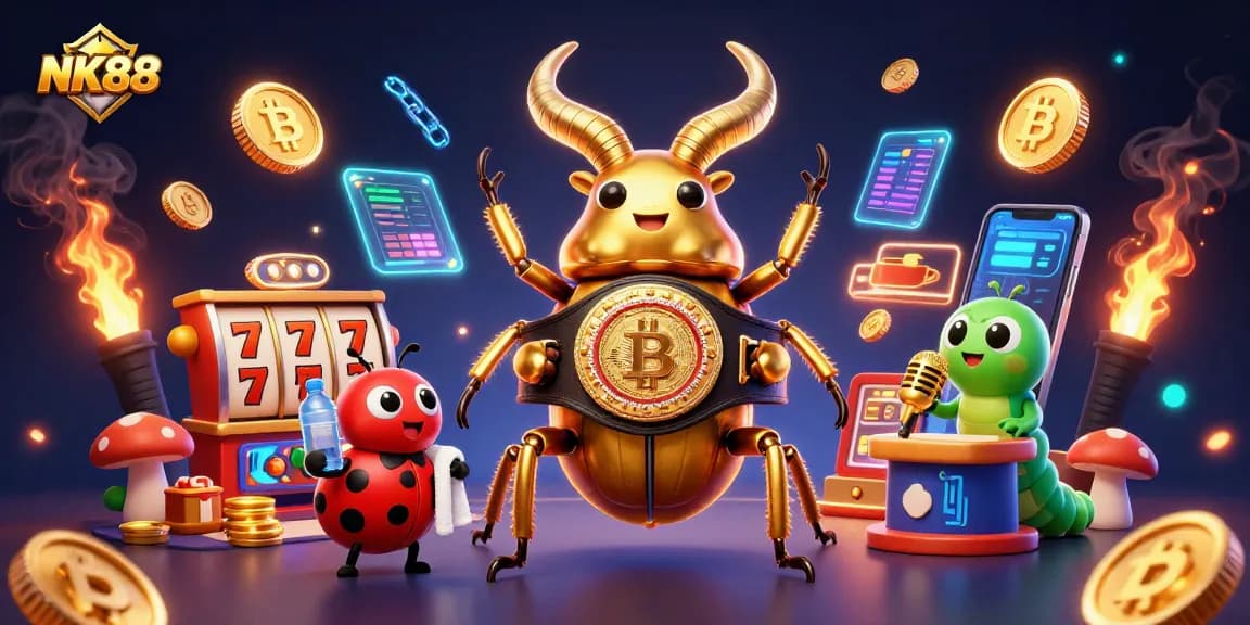 Experience thrilling jackpots at NK88 with a golden stag beetle and vibrant gaming elements.