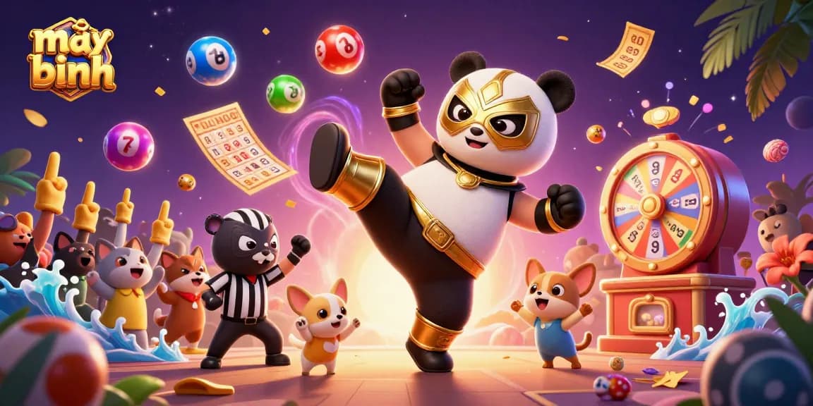 Mậu binh showdown featuring a panda wrestler flying kick, dynamic casino elements, and cheering animal spectators.