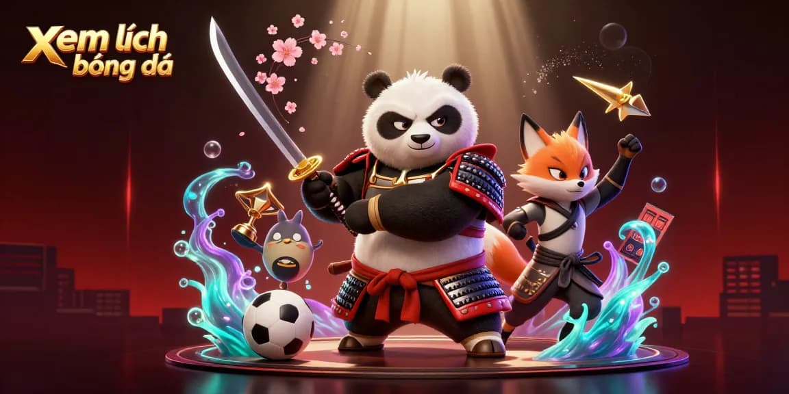 Xem lịch bóng đá with a dynamic scene featuring samurai panda, ninja fox, and betting elements.