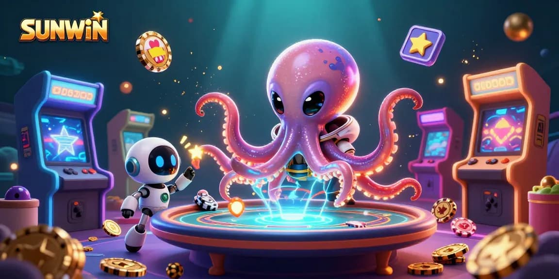 SUNWIN showcases an alien octopus navigating a lively poker game scene, filled with exciting casino elements.