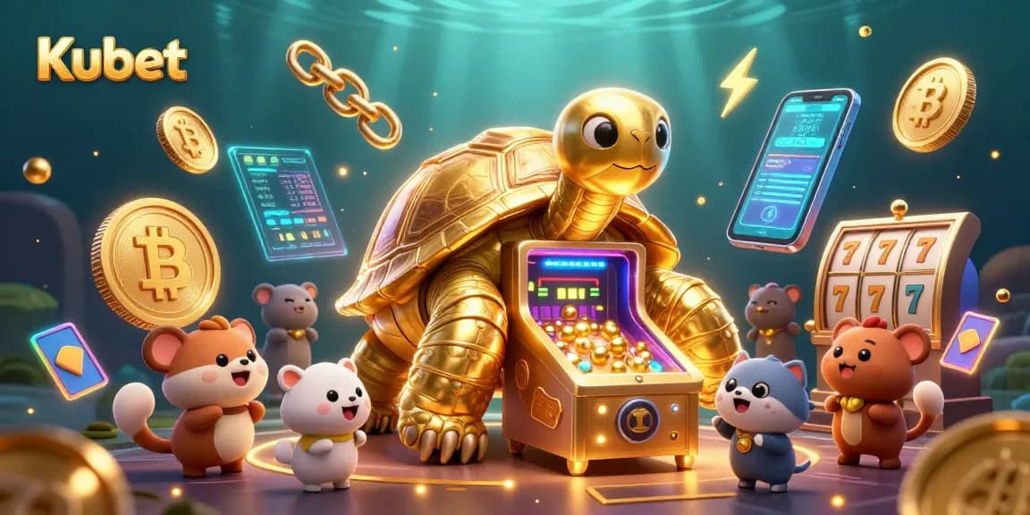 Kubet offers thrilling slot gameplay on a golden tortoise pinball machine, surrounded by cryptocurrency elements.