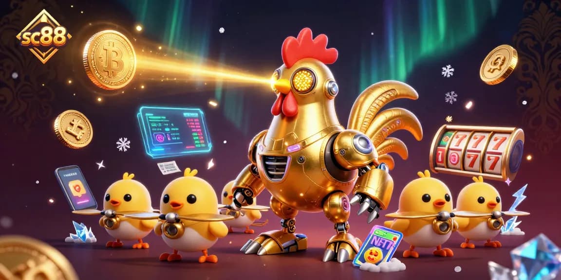 Experience excitement with sc88's golden rooster robot and baby chick drones in a vibrant casino world.