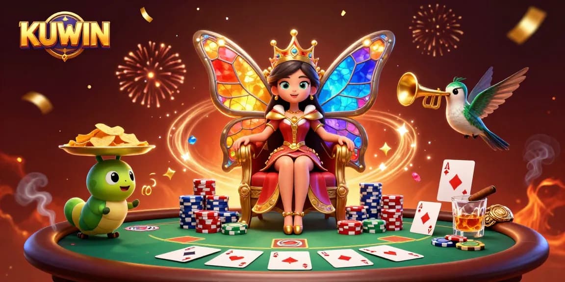 Engage in thrilling casino gameplay with KUWIN's vibrant poker scene featuring a butterfly queen and animated characters.