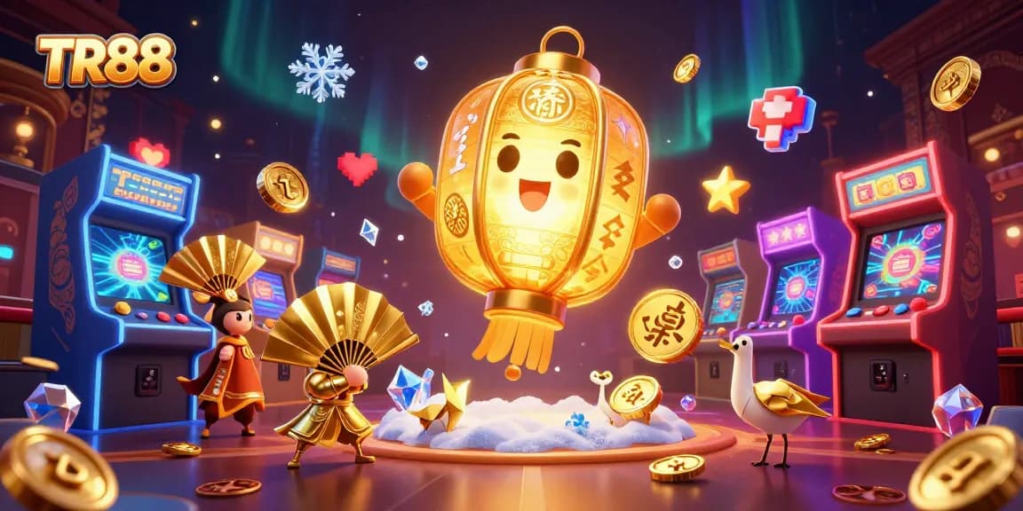 Engage in a vibrant gaming atmosphere featuring TR88 with colorful casino elements and glowing artifacts.