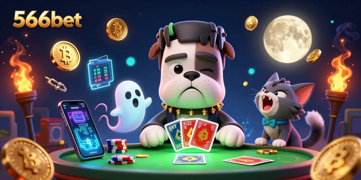 Join the action at 566bet with a lively 3D gaming scene featuring a Frankenstein bulldog dealer and lively crypto elements.