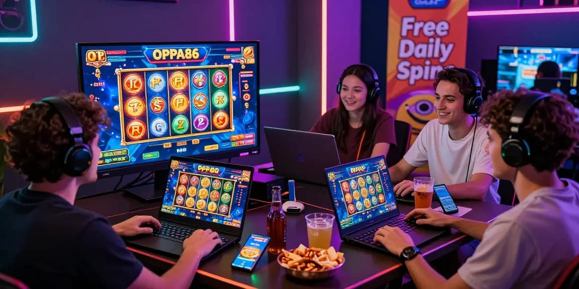 Friends enjoying a game night with OPPA86 slots and free spins.