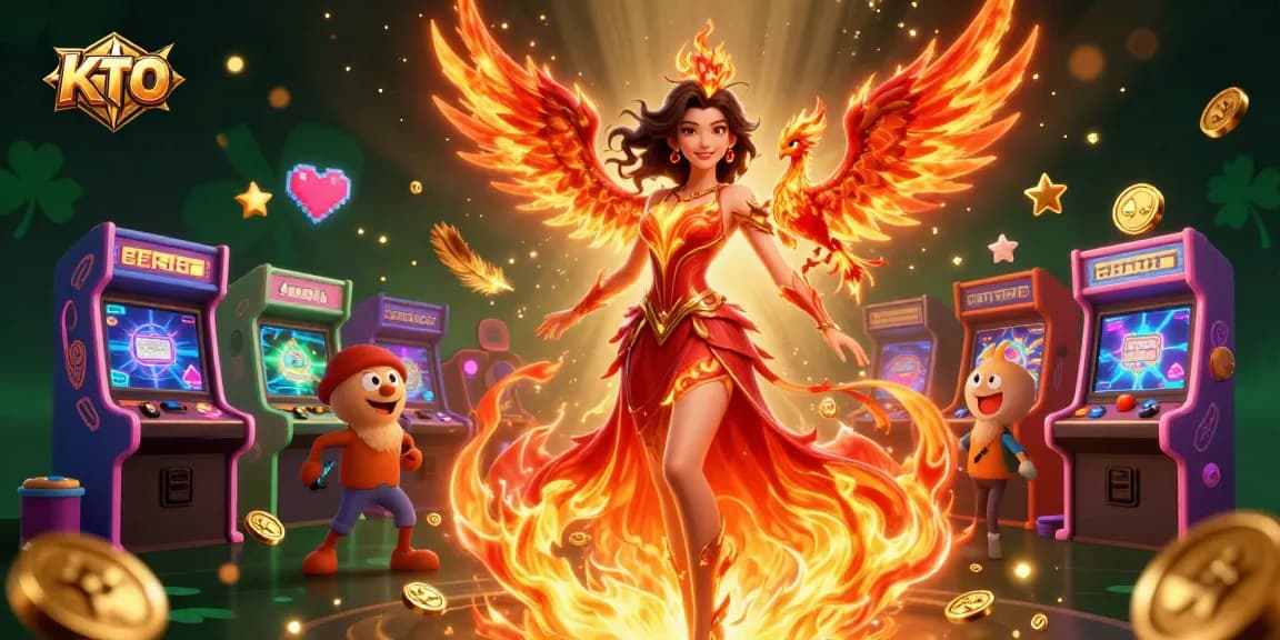 KTO offers thrilling casino action with a stunning Asian woman and her fiery phoenix companion amidst vibrant gaming elements.