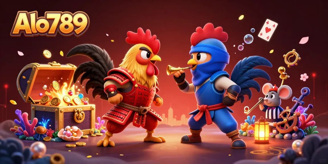 Alo789 showcases an intense showdown between two cartoon roosters amid casino treasures, enhancing your gaming excitement.