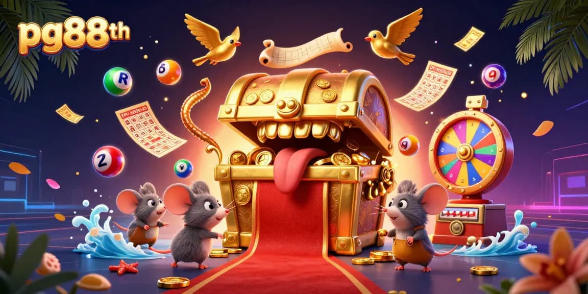 Engage with pg88th's vibrant betting scene featuring a golden treasure chest and dynamic lottery elements.