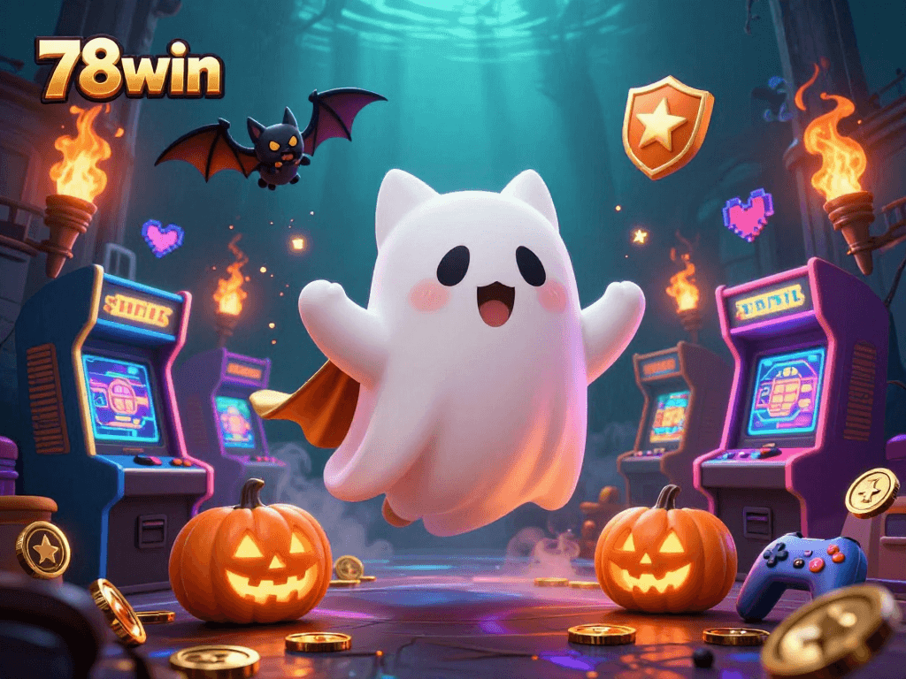 Celebrate the excitement of 78win with a ghost cat and vampire bat in a vibrant casino scene.