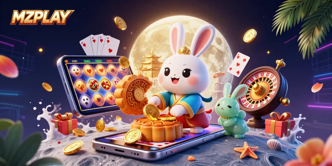 MZPLAY slots game illustration with a moon rabbit and poker chips surrounded by vibrant casino elements.