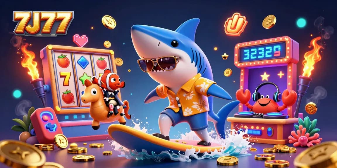 Win big with 7J77 gaming—an exciting scene featuring slots and fun characters.