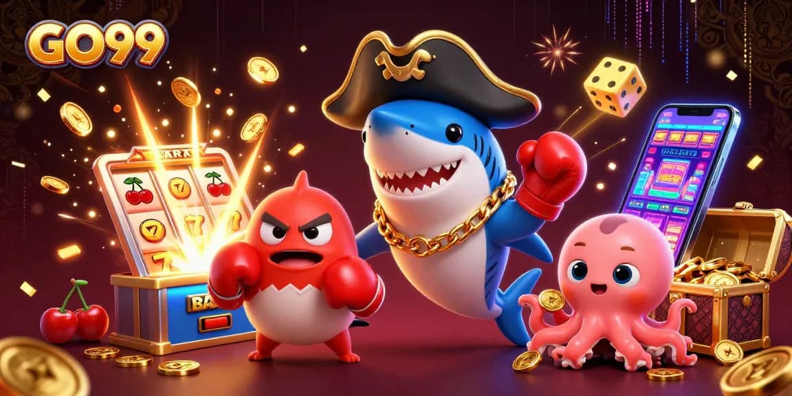 Experience the excitement of GO99 with a dynamic 3D casino illustration featuring thrilling characters and elements.