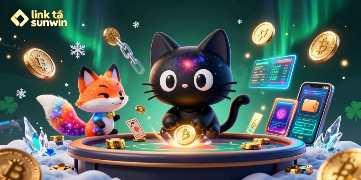 Engage with the exciting universe of "link tải sunwin" featuring a cartoon black hole cat amid golden casino elements.