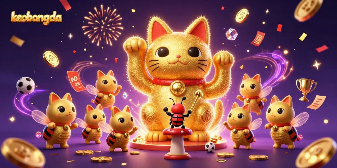 Join keobongda in this dynamic sports betting scene featuring lucky cat, sports balls, and vibrant casino elements.
