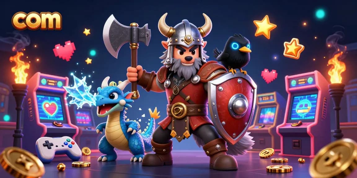 Battle with com-inspired Viking wolf warrior and a fierce dragon amid colorful game elements.