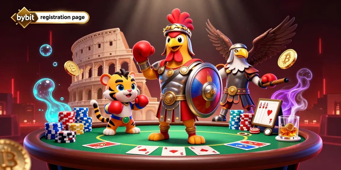 Engage with the bybit registration page through vibrant casino elements and characters.