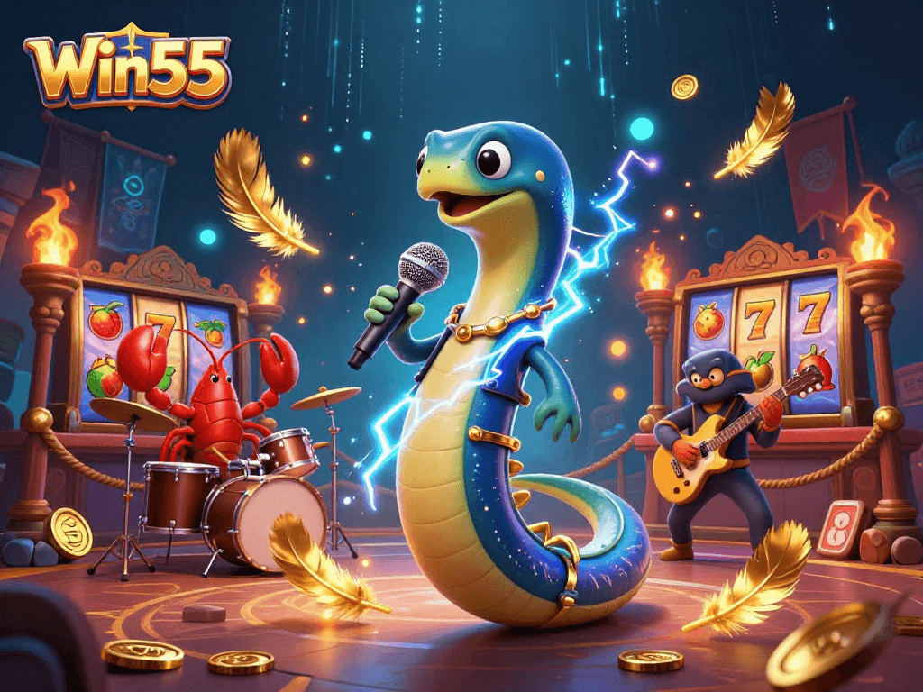 Win55 slots come alive with a DJ eel and vibrant underwater casino scene.