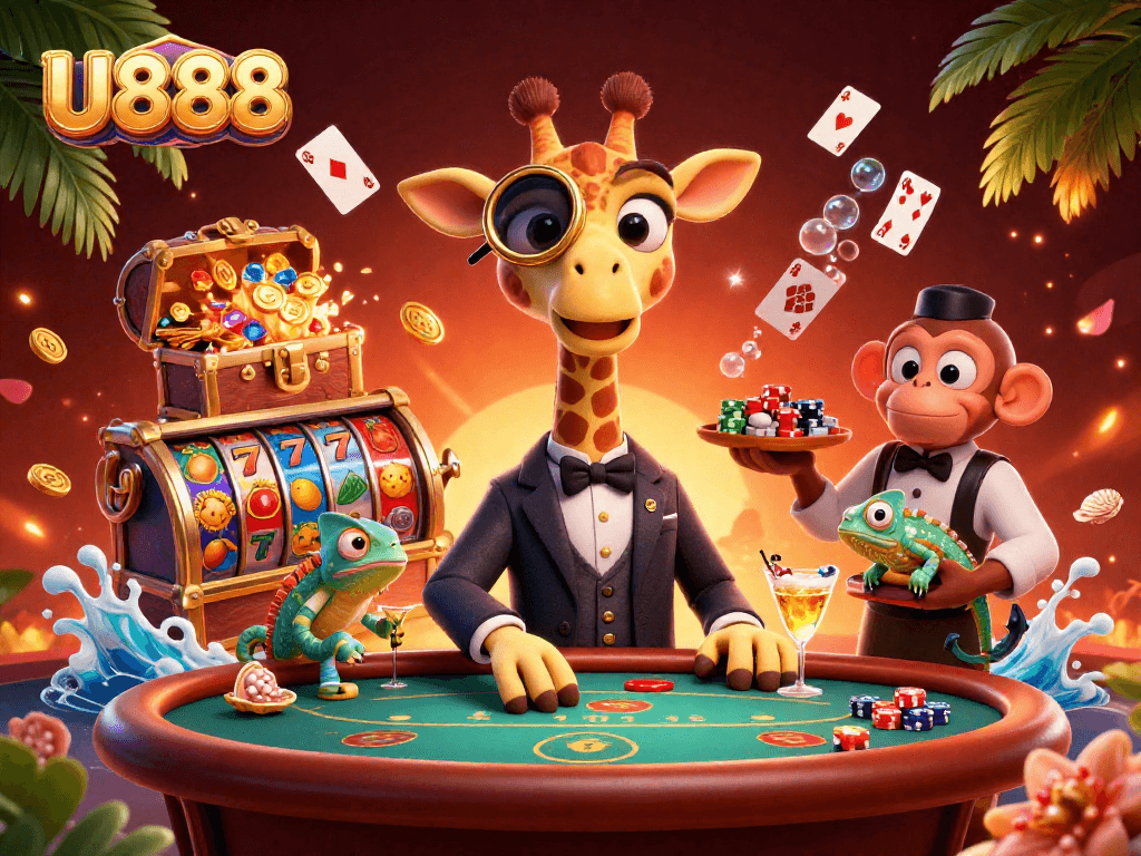 U888 elevates the game with a high-roller giraffe at a vibrant poker table, surrounded by dazzling casino elements.