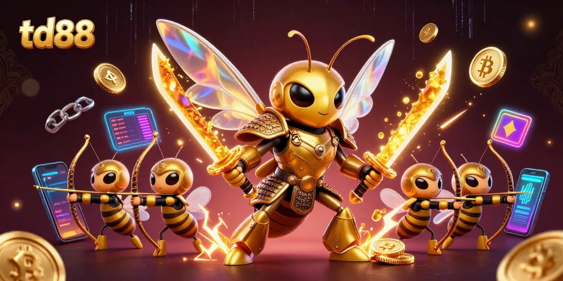 Engage with td88, featuring a vibrant illustration of a giant hornet in samurai armor amidst cryptocurrencies.