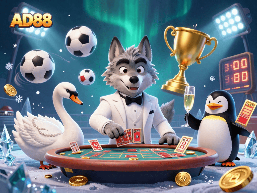 Win big with AD88 at a dynamic baccarat table surrounded by vibrant casino elements.