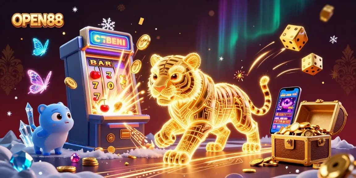 Experience the thrill of OPEN88 with vibrant 3D characters and casino elements celebrating wins.