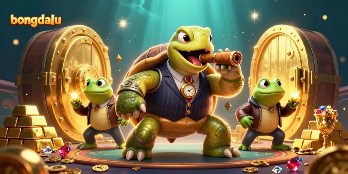 Bongdalu captures the thrill of winning with a cartoon turtle and bullfrog enforcers among dazzling casino treasures.