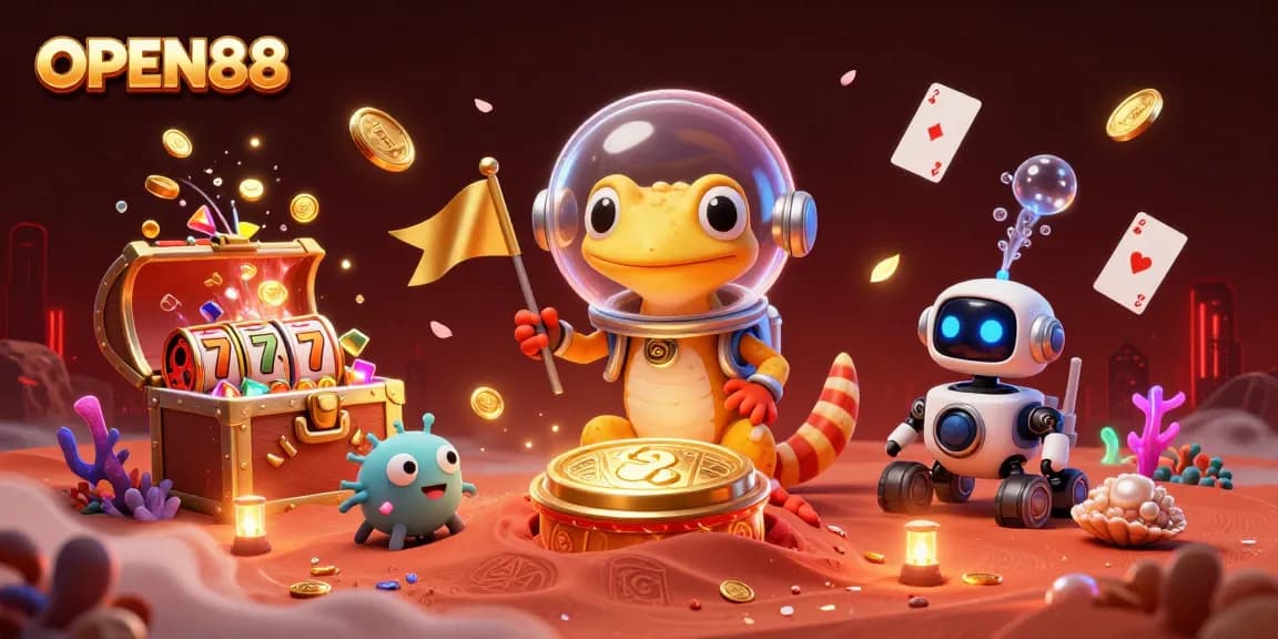 Immerse in the fun at OPEN88 with a cartoon Martian gecko discovering a golden casino on Mars.