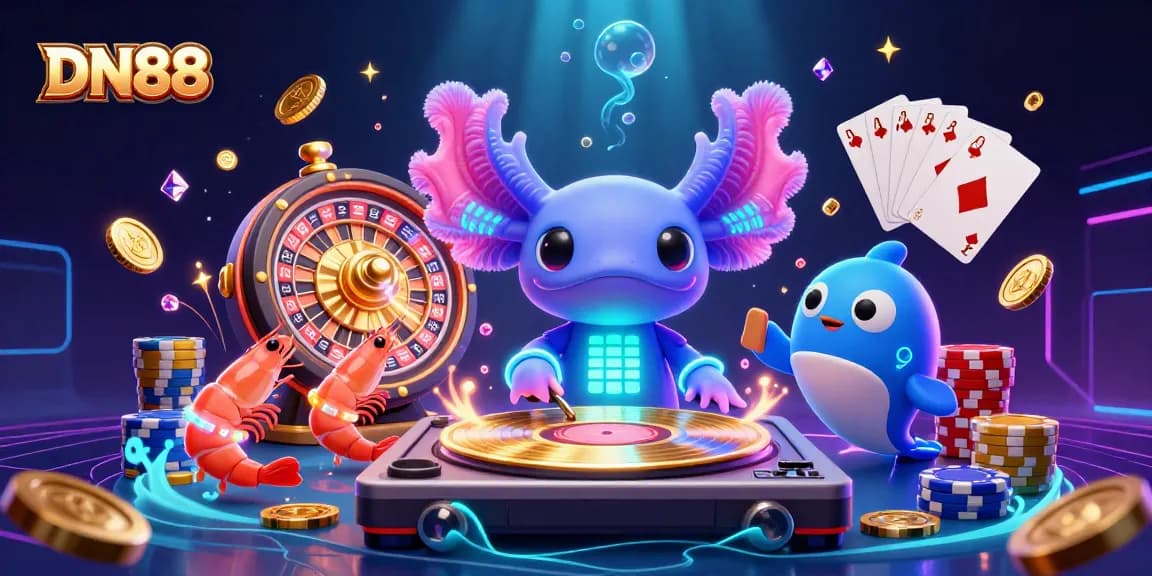 Experience winning thrills at DN88 with cartoon casino characters celebrating amidst golden coins and vibrant game elements.