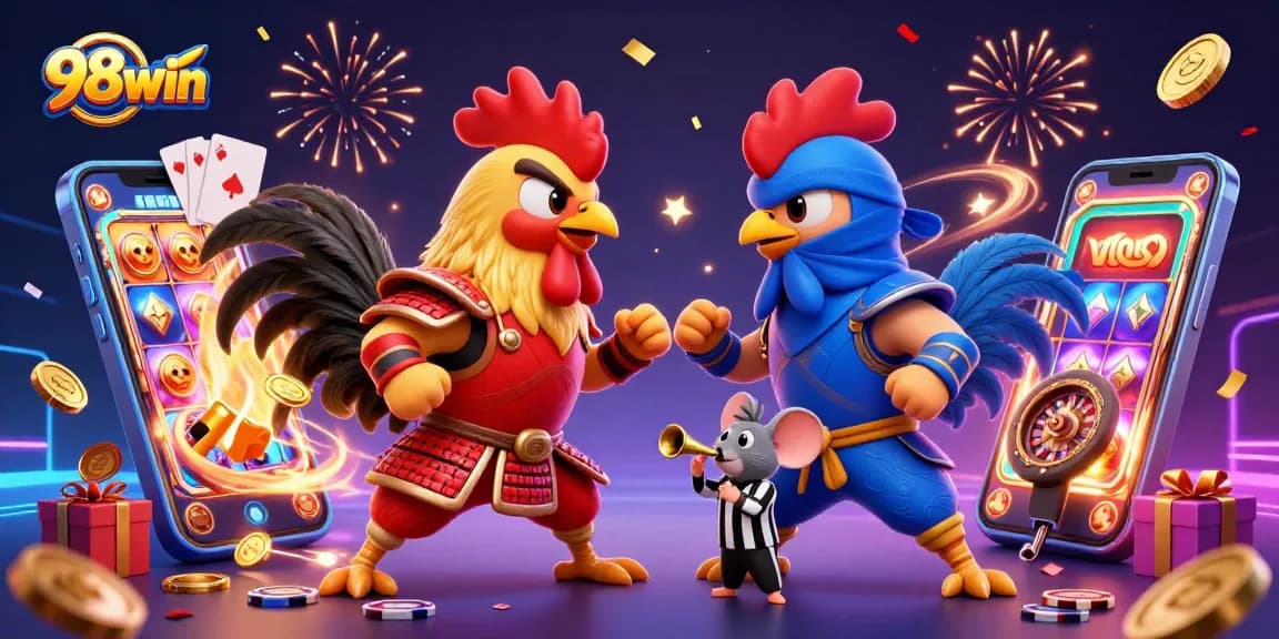 98win players engage in an exciting standoff with rooster mascots under festive casino elements.