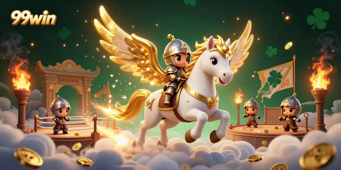 Engage with 99win in an exciting casino adventure, featuring a knight riding a celestial horse.