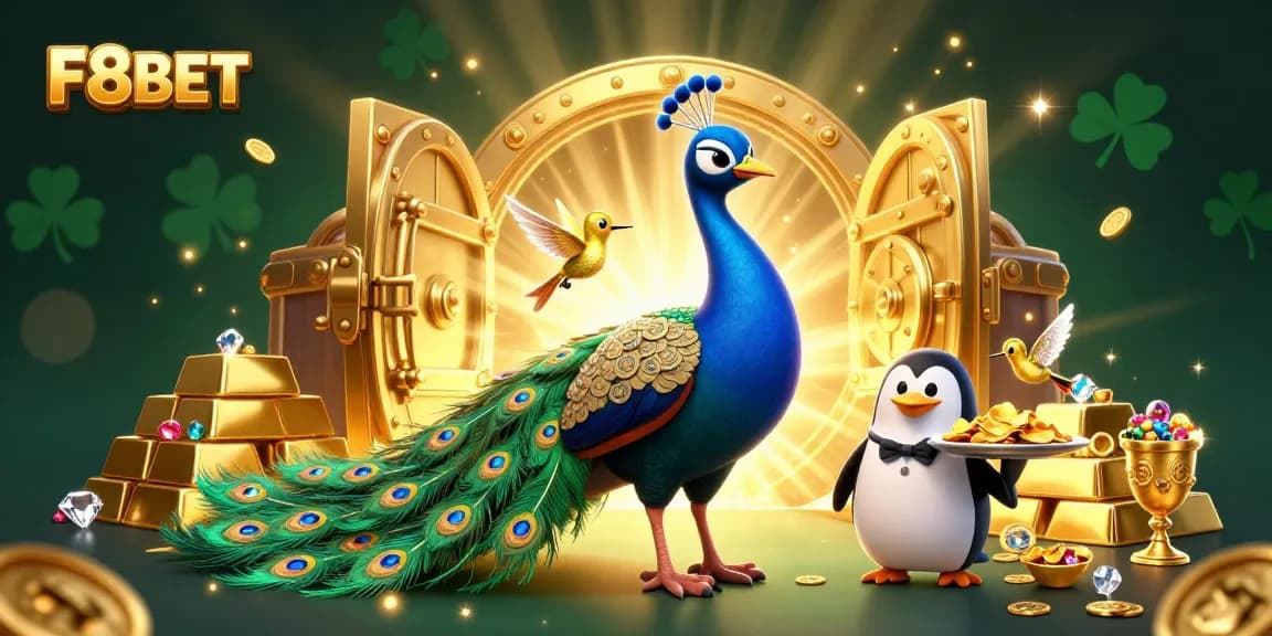 Play exciting games at F8BET with a vibrant scene of dazzling casino characters and treasures.