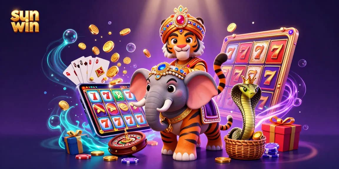 Play vibrant slots and win at Sun Win with an energetic casino scene featuring a maharaja, elephant, and cobra.