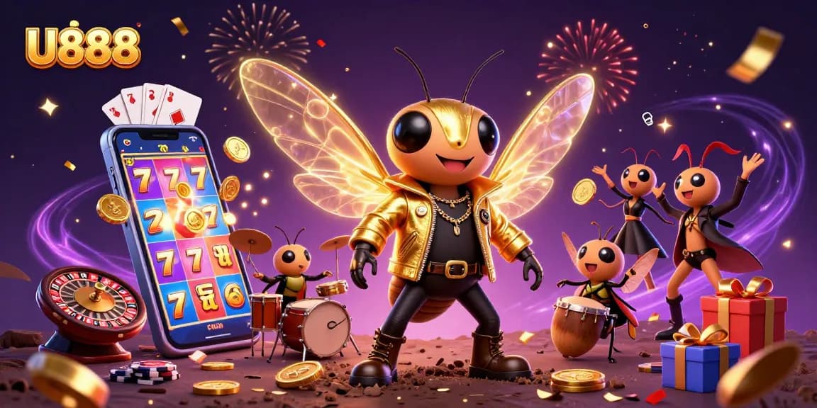Engage with U888's vibrant gaming scene showcasing an electrifying cicada rock star in a dynamic casino illustration.