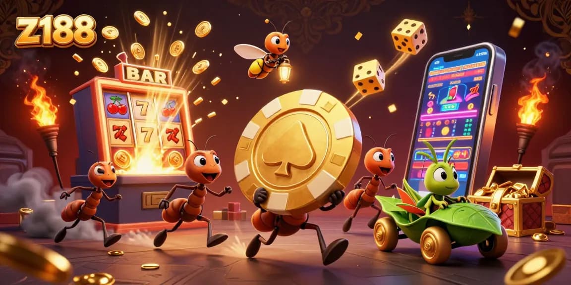 Experience thrilling gameplay at z188 with ants heisting a giant golden poker chip amidst vibrant casino rewards.