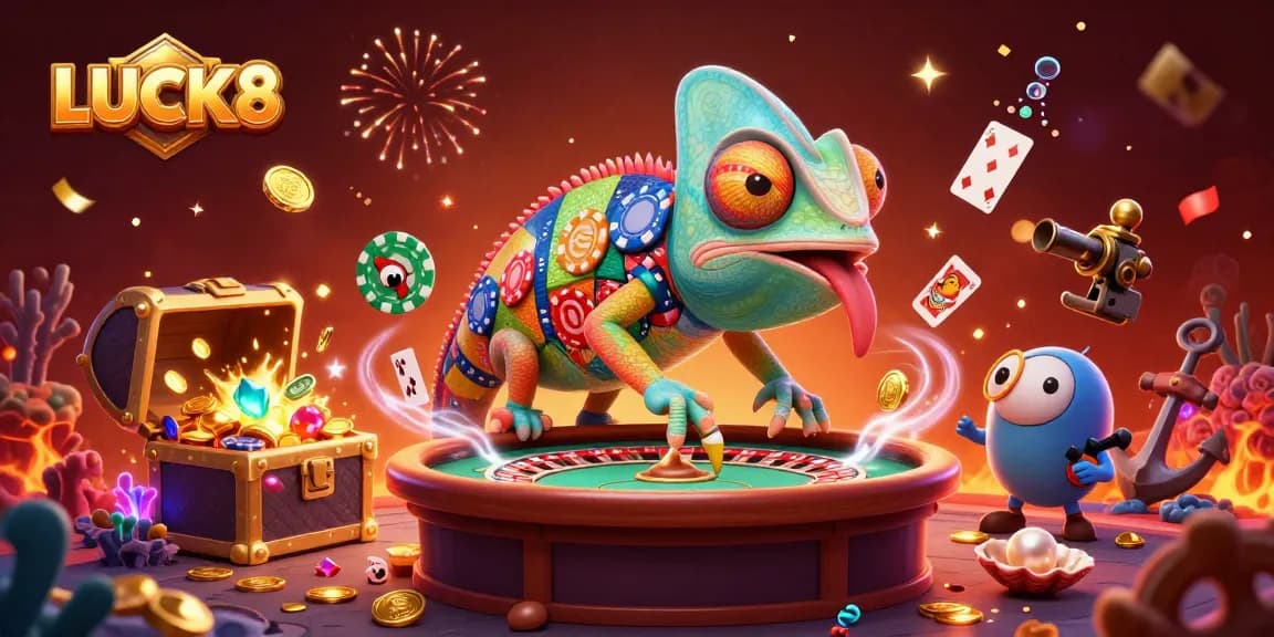 LUCK8 casino owner chameleon wins with golden coins and exciting game elements in vibrant illustration