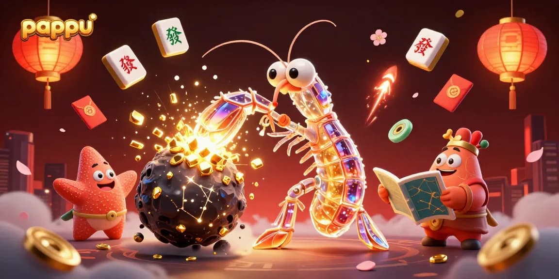 Pappu game scene with a galactic mantis shrimp and starfish, exploding gems and coins