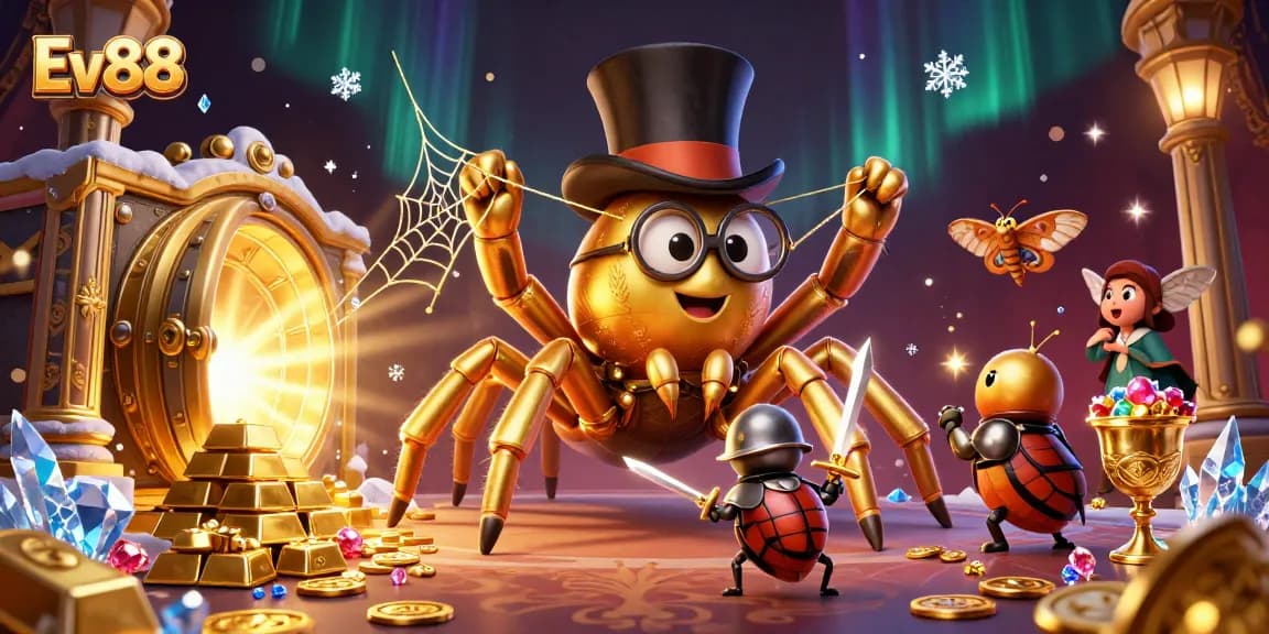 Ev88 showcases an adventurous beetle knight in a dynamic casino-themed illustration surrounded by treasures.