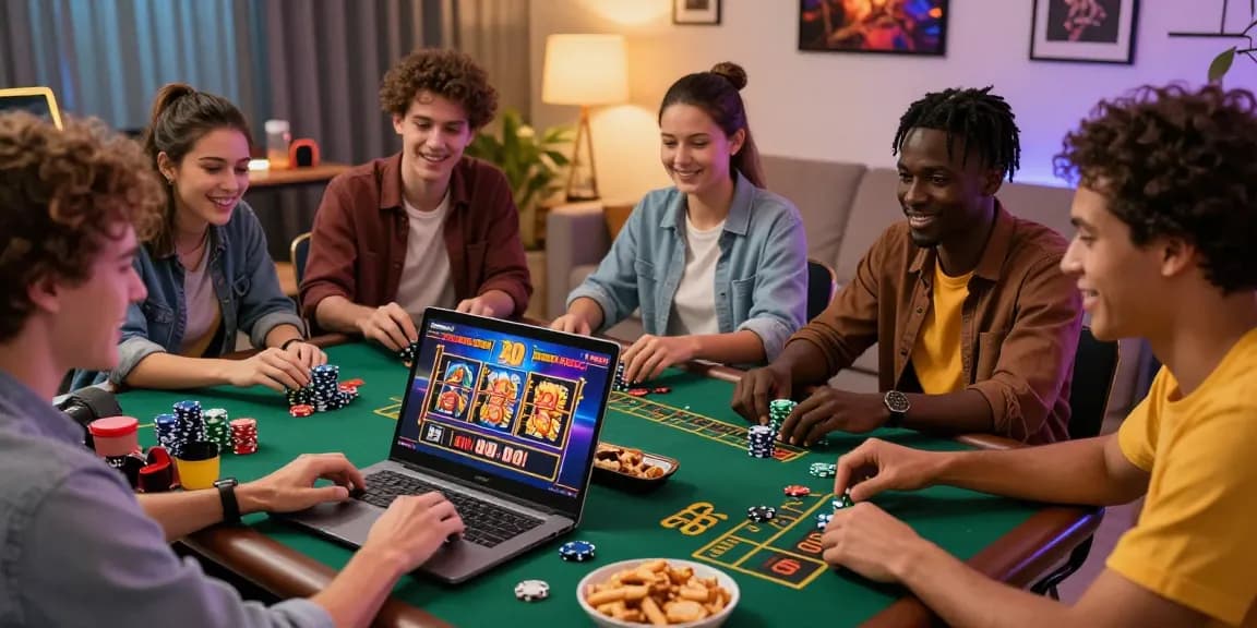 Engaging scene of friends playing online casino games at home, highlighting https://aisa.org.uk and their favorite credit card casinos.