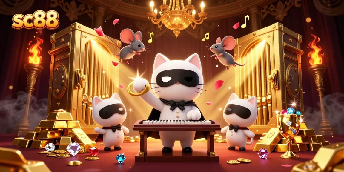 Experience excitement with sc88's lively casino scene featuring a whimsical cat and treasures.