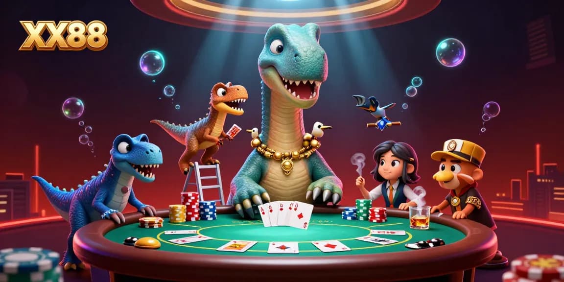 Experience thrilling poker action at XX88 with a giant brontosaurus dealer and vibrant casino atmosphere.