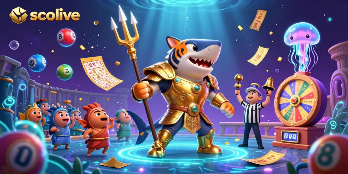 Socolive shines in a vibrant underwater scene with a golden gladiator shark amidst lottery excitement.