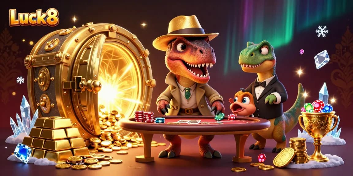 Experience thrilling blackjack action with Luck8 featuring a cartoon velociraptor and stegosaurus in a dynamic casino setting.