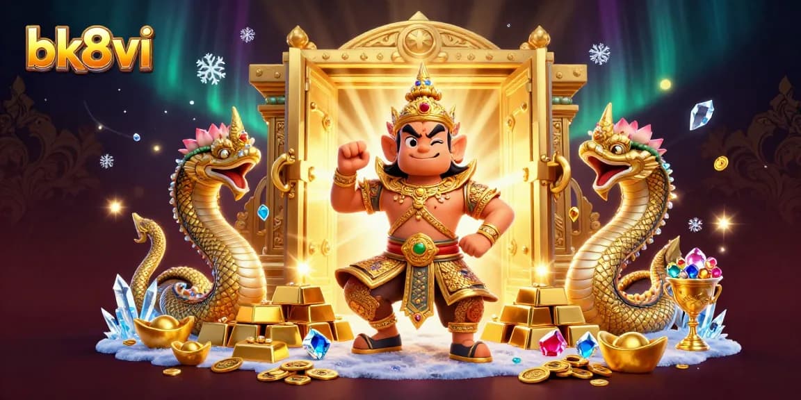Engage with bk8vi's vibrant gaming world featuring Thai guardian, treasure vault, and sparkling gems