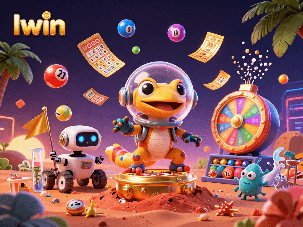 Iwin excites players with a Martian gecko discovering a vibrant casino filled with lottery elements.
