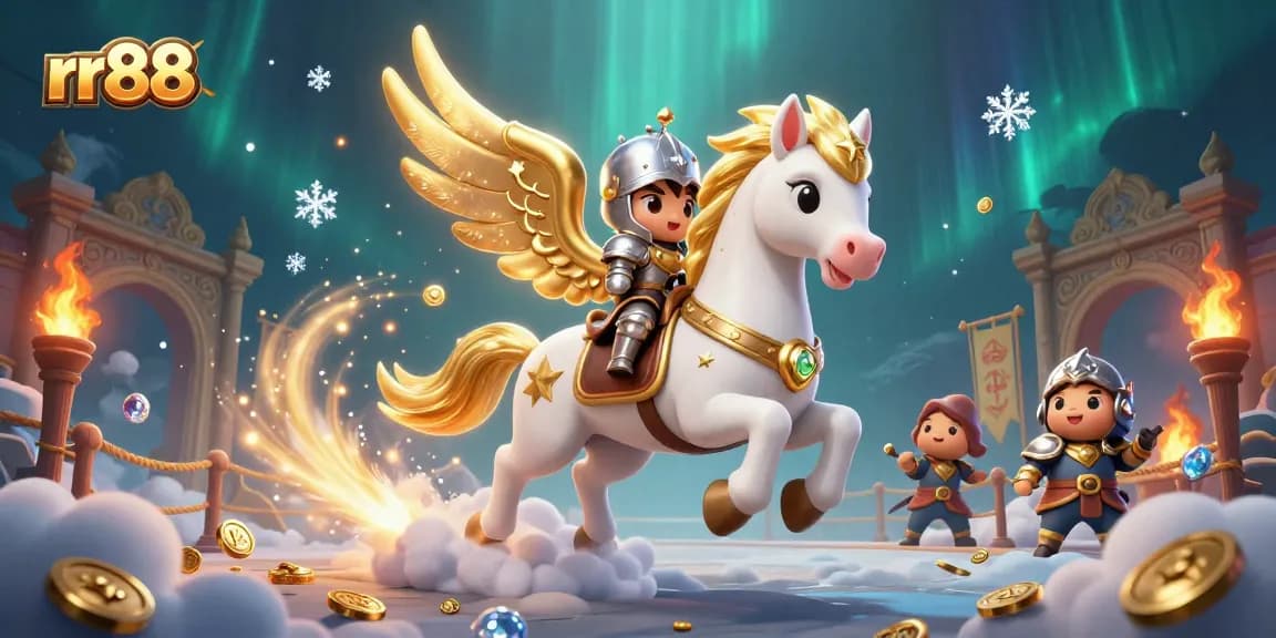 Experience rr88 with a celestial horse and armored knight in a dynamic casino adventure.