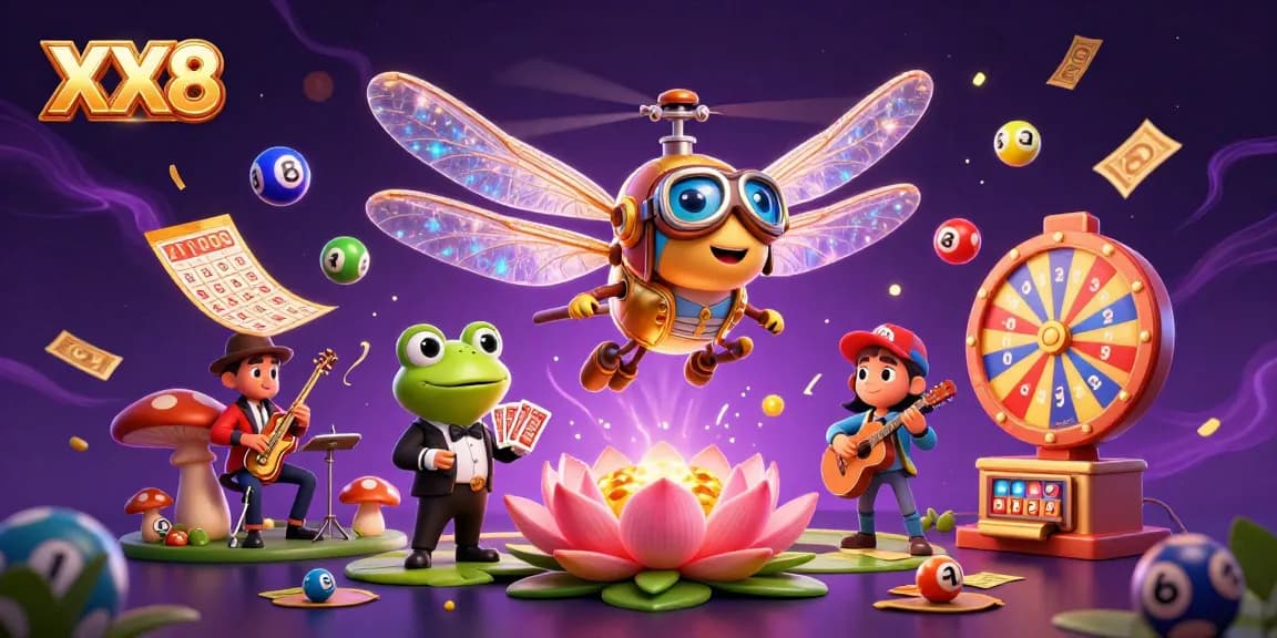 Experience thrilling gameplay at XX8 with a vibrant casino scene featuring a dragonfly pilot and a frog croupier.