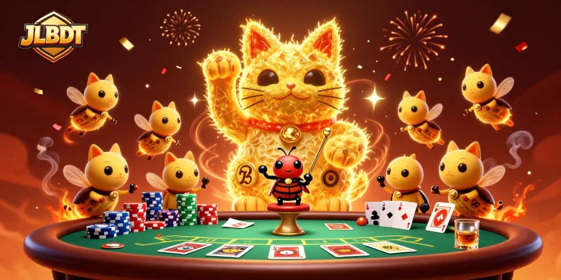 Experience the magic of JLBDT with a vibrant scene of animated fireflies and casino symbols.