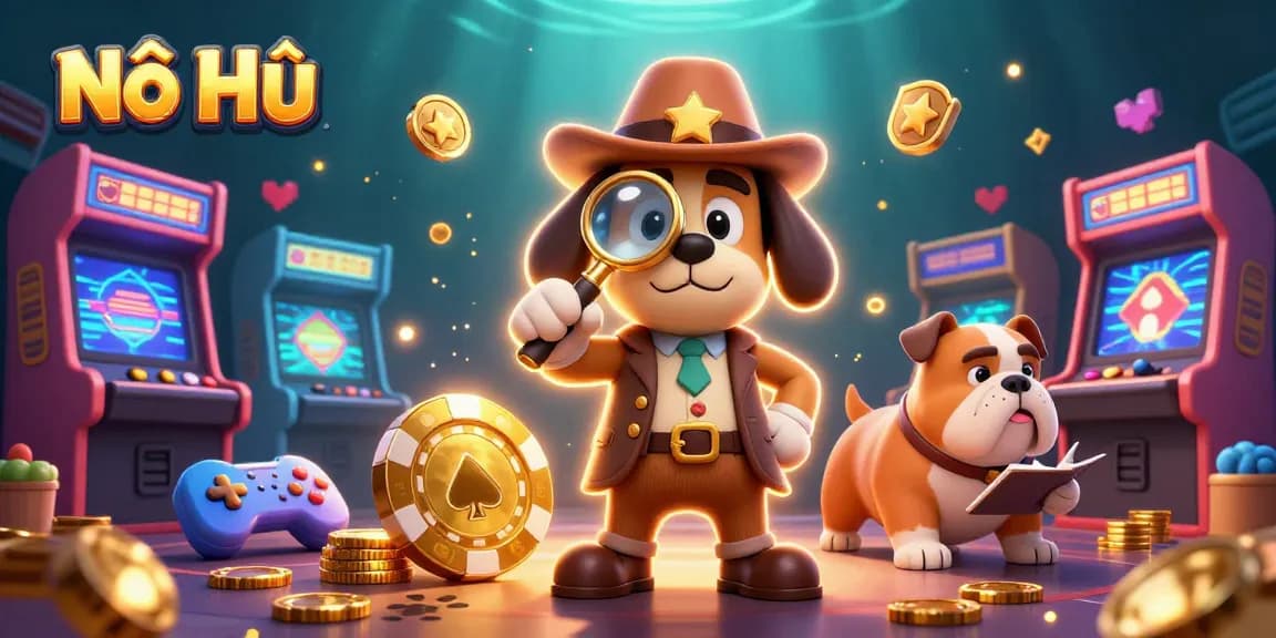 Experience the thrill of Nổ Hũ with a 3D cartoon detective uncovering game secrets amidst vibrant gaming elements.