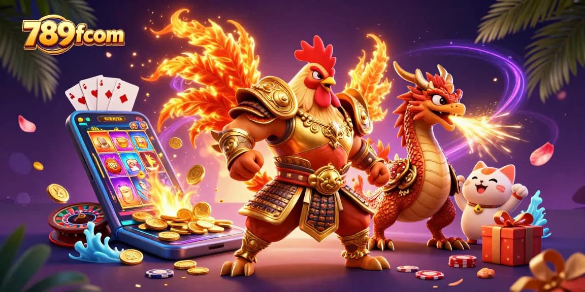 Engage with 789fcom's dynamic casino experience featuring a victorious rooster warrior and thrilling game elements.